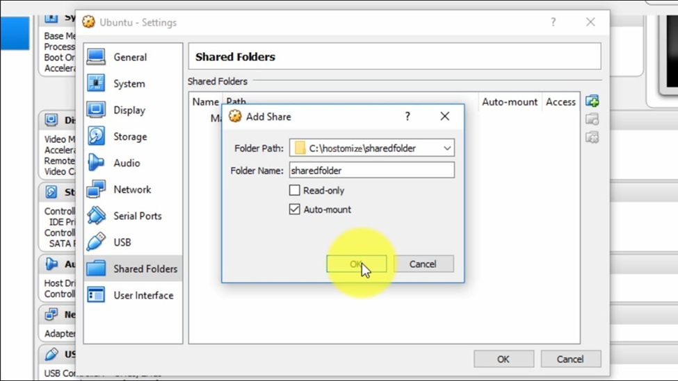 Screenshot of a virtual machine environment with the shared folder section highlighted. This section allows users to configure folders on the host computer to be accessible from within the virtual machine.