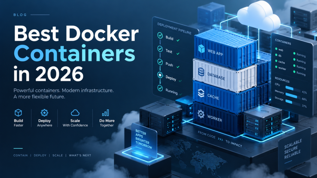 Best Docker Containers in 2026, a modern visual of containerized apps, cloud deployment, and scalable infrastructure