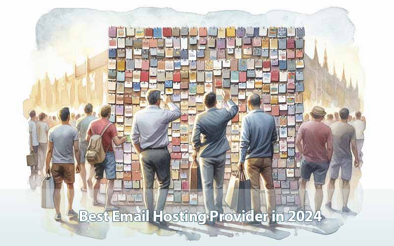 The challenge of choosing the best email hosting provider, depicted as a bustling postcard shop.