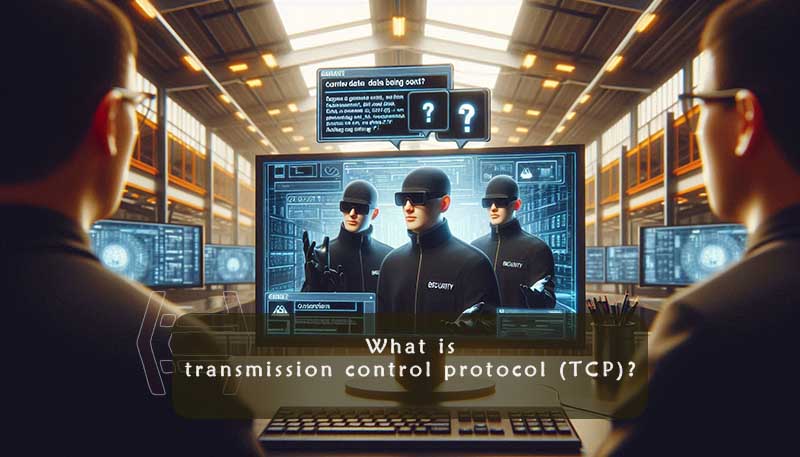 •	Transmission Control Protocol in the crosshairs: Security personnel interrogates data flow on a giant computer screen.