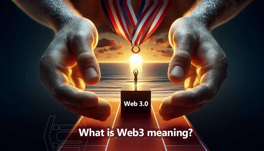 "What is Web3 Meaning?" Find the answer in this powerful image: Web3 ascends, illuminating the path to a decentralized future.