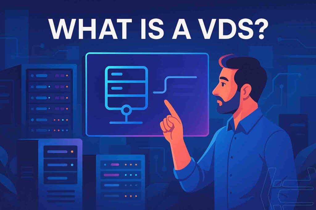 Explore what is a VDS with this eye-catching cover image showcasing a tech-savvy professional and digital server networks.