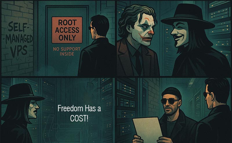 Choosing freedom over comfort.
In this symbolic scene, four legendary outsiders stand united at the door of “Root Access,” representing the bold, self-reliant mindset behind Self-Managed VPS hosting.