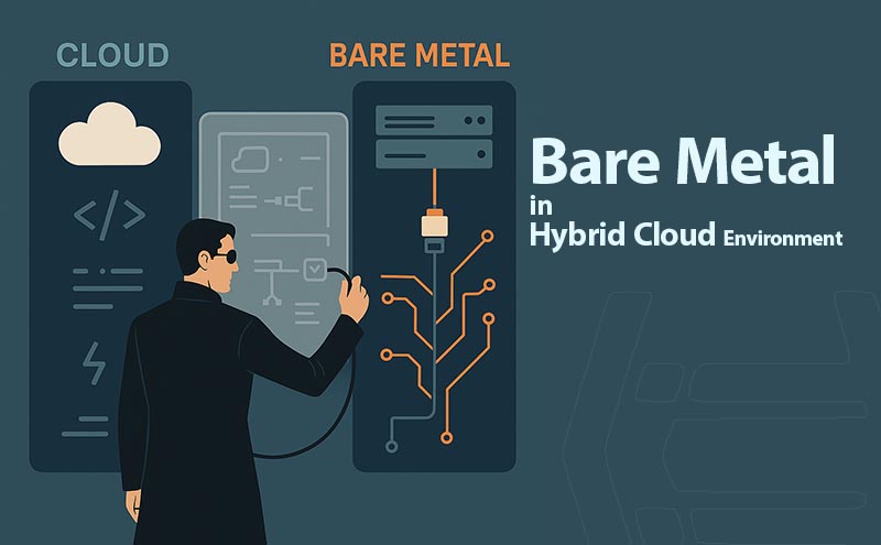 Visual metaphor of Neo bridging cloud scalability and hardware control — the essence of bare metal in hybrid cloud deployments.