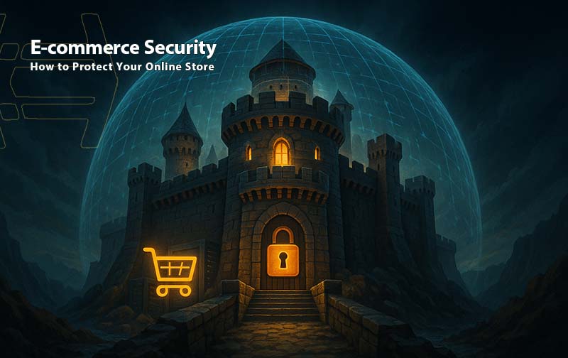 E-commerce hosting security visualized: a fortified castle protected by digital shields, featuring a shopping cart and lock icon as symbols of online store protection.