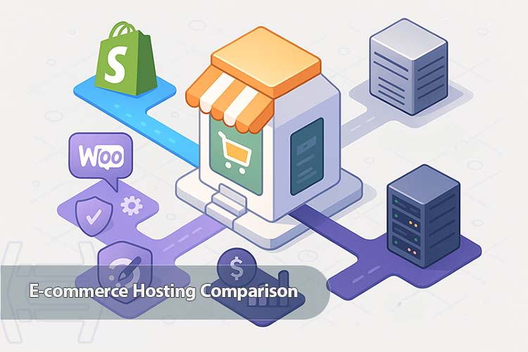 E-commerce hosting comparison: Visualizing Shopify, WooCommerce, VPS, and bare metal hosting as distinct digital pathways for online stores.