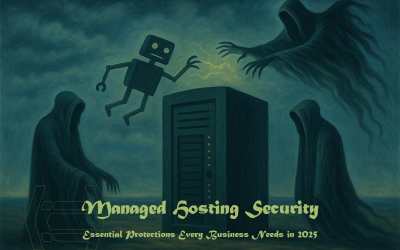 Managed hosting security visualized: guardian-like figures block brute-force attacks, symbolizing Fail2Ban and layered server protection.
