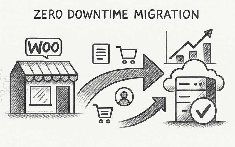 WooCommerce hosting migration sketched: transferring your store to a secure cloud server with zero downtime and better performance.