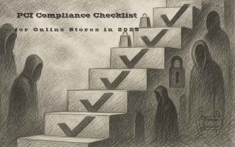 Surreal hand-drawn concept of managed hosting security: a checklist as stairs, guarded servers, and compliance as protection