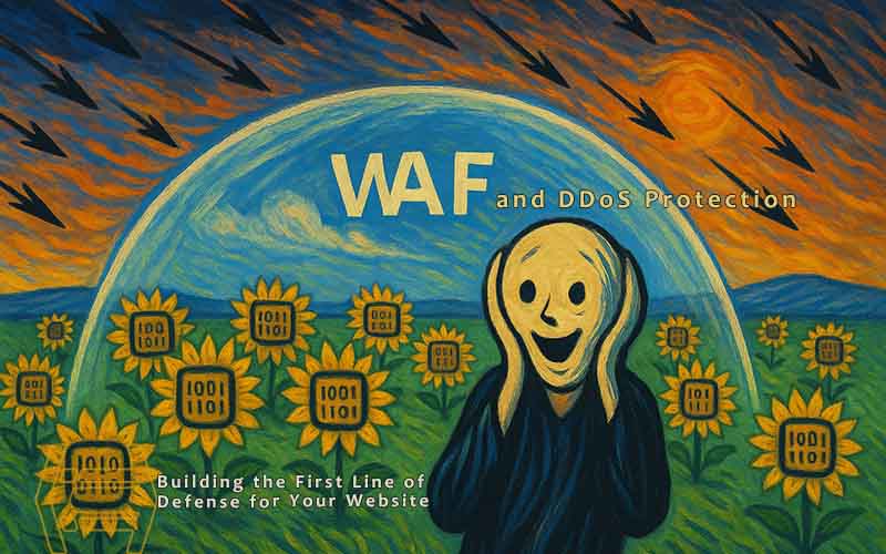 A creative take on WAF DDoS protection — the chaos of digital attacks outside, and calm within the shield of a Web Application Firewall.
