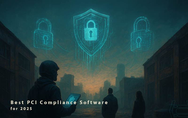 In a post-apocalyptic digital cityscape, holographic locks rise over broken buildings — a visual metaphor for PCI compliance software guarding e-commerce systems in 2025.
